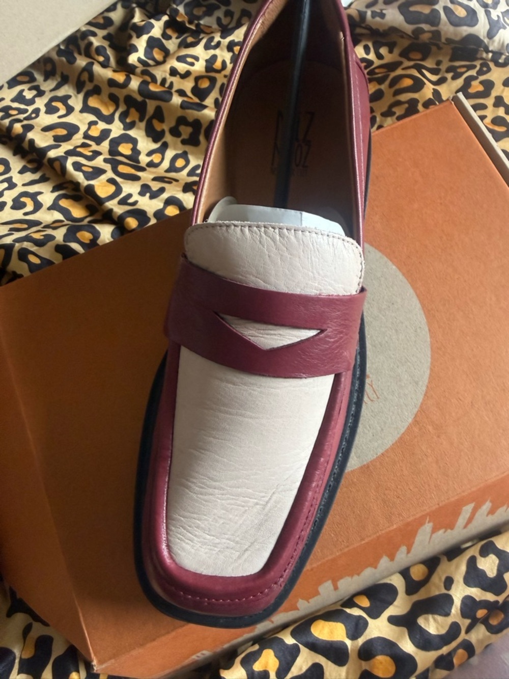 Miz Mooz Cream and Burgundy Leather Penny Loafer